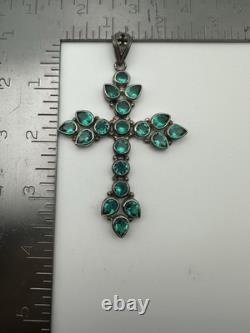Huge 925 Sterling Silver Green Glass Cross Pendant