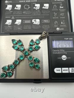 Huge 925 Sterling Silver Green Glass Cross Pendant