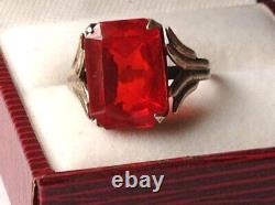 Huge Antique Soviet USSR Ring Sterling Silver 875 Gold Plated Red Glass Size 10