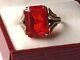 Huge Antique Soviet Ussr Ring Sterling Silver 875 Gold Plated Red Glass Size 10