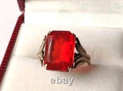 Huge Antique Soviet USSR Ring Sterling Silver 875 Gold Plated Red Glass Size 10