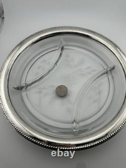 International Antique Cut Glass Sterling Silver divided Platter Tray 10 Vintage