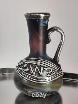 Iridescent Hebron Glass Vase Israel Sterling Silver Herman Phoenician Style VTG