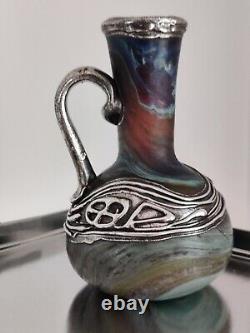 Iridescent Hebron Glass Vase Israel Sterling Silver Herman Phoenician Style VTG