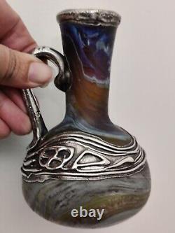 Iridescent Hebron Glass Vase Israel Sterling Silver Herman Phoenician Style VTG