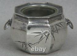 K. Uyeda Japanese Sterling Open Salt Cellar Glass Liner Octagonal Etched Palms