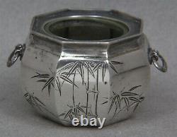 K. Uyeda Japanese Sterling Open Salt Cellar Glass Liner Octagonal Etched Palms