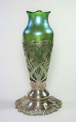 LOETZ Papillon Glass Vase with Sterling Silver Meriden Britannia Co Stand c. 1900's