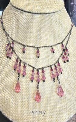 LORI LORI 925 Sterling Silver Pink Glass Fringe Necklace Vintage Boho Dangle 20