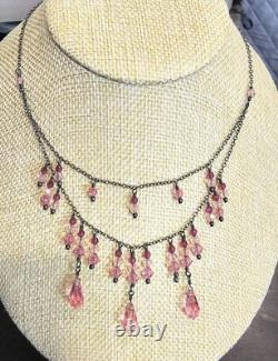 LORI LORI 925 Sterling Silver Pink Glass Fringe Necklace Vintage Boho Dangle 20