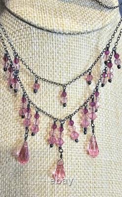 LORI LORI 925 Sterling Silver Pink Glass Fringe Necklace Vintage Boho Dangle 20