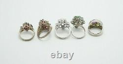 LOT of 5 Sterling Silver Glass & Gemstone Cluster Rings, 32.4g