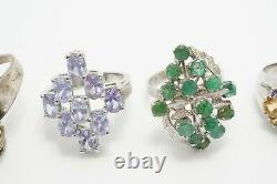 LOT of 5 Sterling Silver Glass & Gemstone Cluster Rings, 32.4g