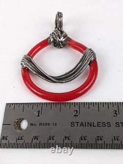 Large 3 Sterling Silver Soldered Red Art Glass Pendant Abstract Art Deco Mod