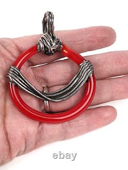 Large 3 Sterling Silver Soldered Red Art Glass Pendant Abstract Art Deco Mod