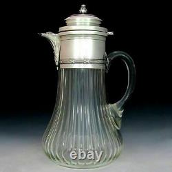 Large Antique French Sterling Silver Cut Glass Wine Claret Jug Decanter Pitcher