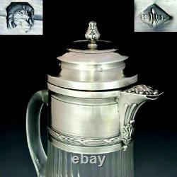 Large Antique French Sterling Silver Cut Glass Wine Claret Jug Decanter Pitcher