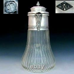 Large Antique French Sterling Silver Cut Glass Wine Claret Jug Decanter Pitcher