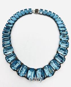 Large Art Deco Sterling Silver Aquamarine Glass Necklace 90gm Vintage Jewelry