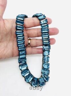 Large Art Deco Sterling Silver Aquamarine Glass Necklace 90gm Vintage Jewelry