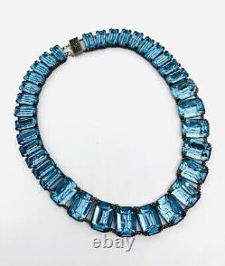 Large Art Deco Sterling Silver Aquamarine Glass Necklace 90gm Vintage Jewelry