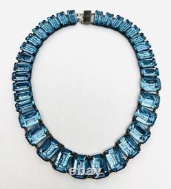 Large Art Deco Sterling Silver Aquamarine Glass Necklace 90gm Vintage Jewelry
