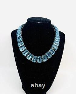 Large Art Deco Sterling Silver Aquamarine Glass Necklace 90gm Vintage Jewelry
