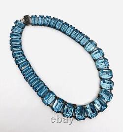 Large Art Deco Sterling Silver Aquamarine Glass Necklace 90gm Vintage Jewelry
