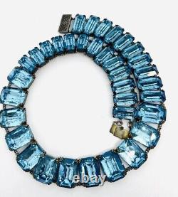 Large Art Deco Sterling Silver Aquamarine Glass Necklace 90gm Vintage Jewelry