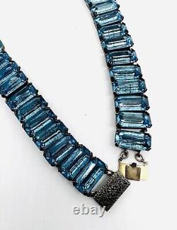 Large Art Deco Sterling Silver Aquamarine Glass Necklace 90gm Vintage Jewelry