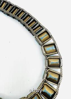 Large Art Deco Sterling Silver Aquamarine Glass Necklace 90gm Vintage Jewelry