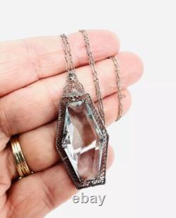 Large Art Deco Sterling Silver Aquamarine Glass Ornate Necklace Antique Jewelry