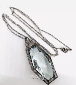 Large Art Deco Sterling Silver Aquamarine Glass Ornate Necklace Antique Jewelry