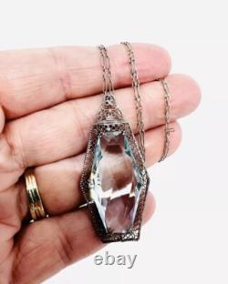 Large Art Deco Sterling Silver Aquamarine Glass Ornate Necklace Antique Jewelry