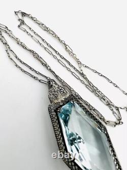 Large Art Deco Sterling Silver Aquamarine Glass Ornate Necklace Antique Jewelry