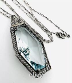 Large Art Deco Sterling Silver Aquamarine Glass Ornate Necklace Antique Jewelry
