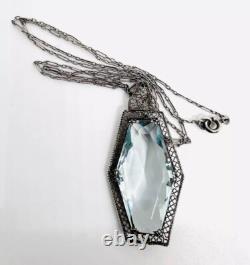 Large Art Deco Sterling Silver Aquamarine Glass Ornate Necklace Antique Jewelry