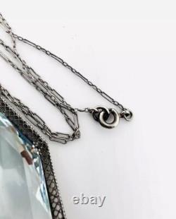 Large Art Deco Sterling Silver Aquamarine Glass Ornate Necklace Antique Jewelry