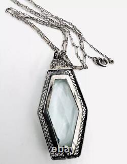 Large Art Deco Sterling Silver Aquamarine Glass Ornate Necklace Antique Jewelry