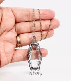Large Art Deco Sterling Silver Aquamarine Glass Ornate Necklace Antique Jewelry