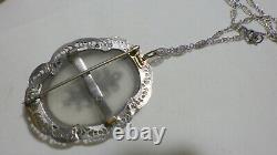 Large Camphor Glass Pendant W, Foral Esign, Filigree Frame, Brooch/or Necklace