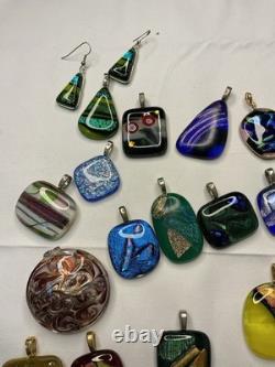 Large Lot Handmade Dichroic Fused Glass Pendants Necklaces Artisan Jewelry
