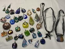 Large Lot Handmade Dichroic Fused Glass Pendants Necklaces Artisan Jewelry