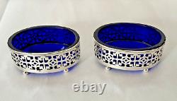 Large Pair Vintage Sterling Silver Open Master Salts with Blue Glass Inserts