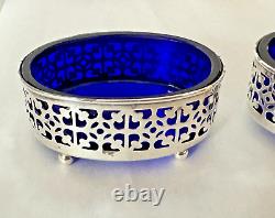 Large Pair Vintage Sterling Silver Open Master Salts with Blue Glass Inserts