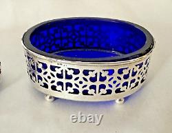 Large Pair Vintage Sterling Silver Open Master Salts with Blue Glass Inserts
