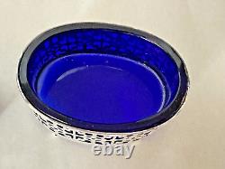 Large Pair Vintage Sterling Silver Open Master Salts with Blue Glass Inserts