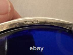 Large Pair Vintage Sterling Silver Open Master Salts with Blue Glass Inserts