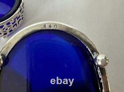 Large Pair Vintage Sterling Silver Open Master Salts with Blue Glass Inserts