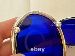 Large Pair Vintage Sterling Silver Open Master Salts with Blue Glass Inserts